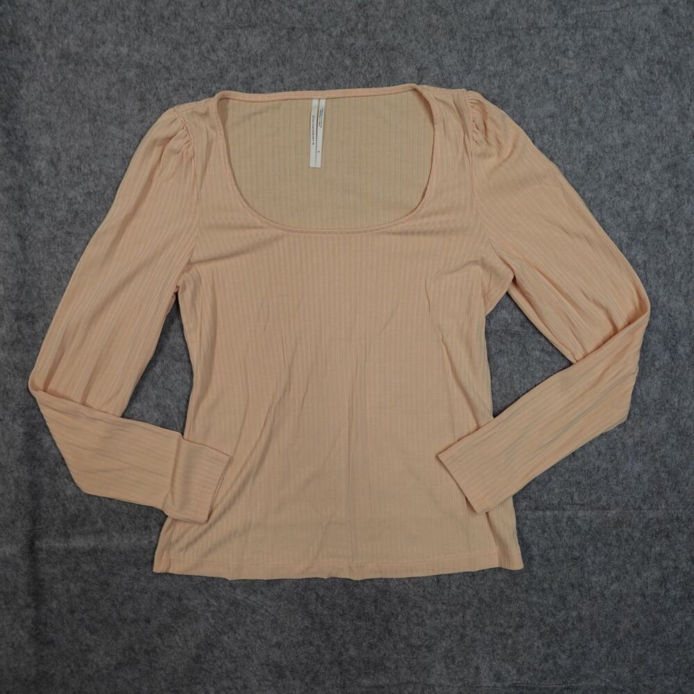 Anthropologie Top Womens Small Ribbed‎ Long Sleeve Scoop Neck Peach Pink Stretch
